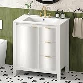 ELEVACHIC 30 Inch Bathroom Vanity with Sink, Freestanding Bathroom Cabinet | Modern Vertical Stripe Bathroom Sink Set Storage Cabinet, 1 Soft-Close Door &amp; 3 Drawers, Easy Assembly, White