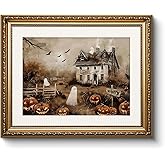 Vintage Gold Framed Spooky Halloween Wall Art, 13x16 Haunted House Jack-o’-Lanterns Bats Canvas Painting Print, Ghosts Pumpkins Halloween Picture Holiday Home Room Atmospheric Decor