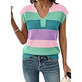 SHEWIN Womens Tops V Neck Short Sleeve Sweater Striped Color Block Pullover Cap Sleeve Shirts