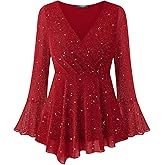 VALOLIA Women Long Sleeve Sparkly Tops V Neck Blouses Dressy Elegant Party Wrap Top