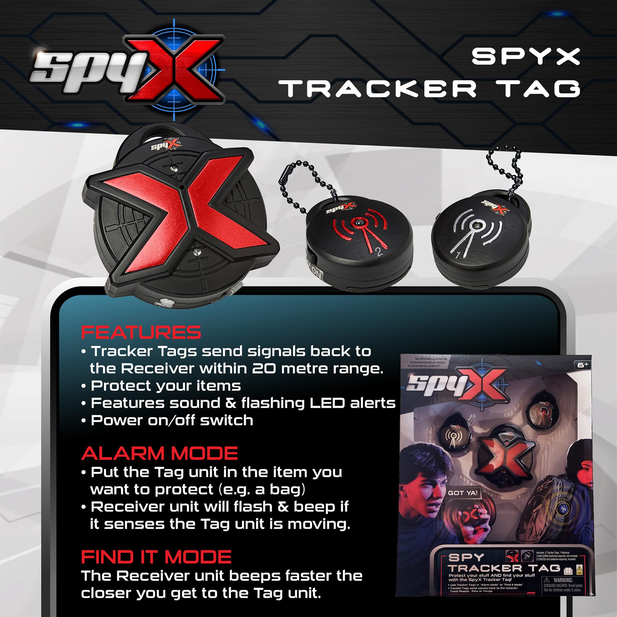 SpyX Spy Tracker Tag - Spy Tracking Toy Gadget For Kids. Protect & Find Your Stuff Or People You Want To Track. Alarm/Track Modes. 2 Spy Tags and 1 Receiver Included