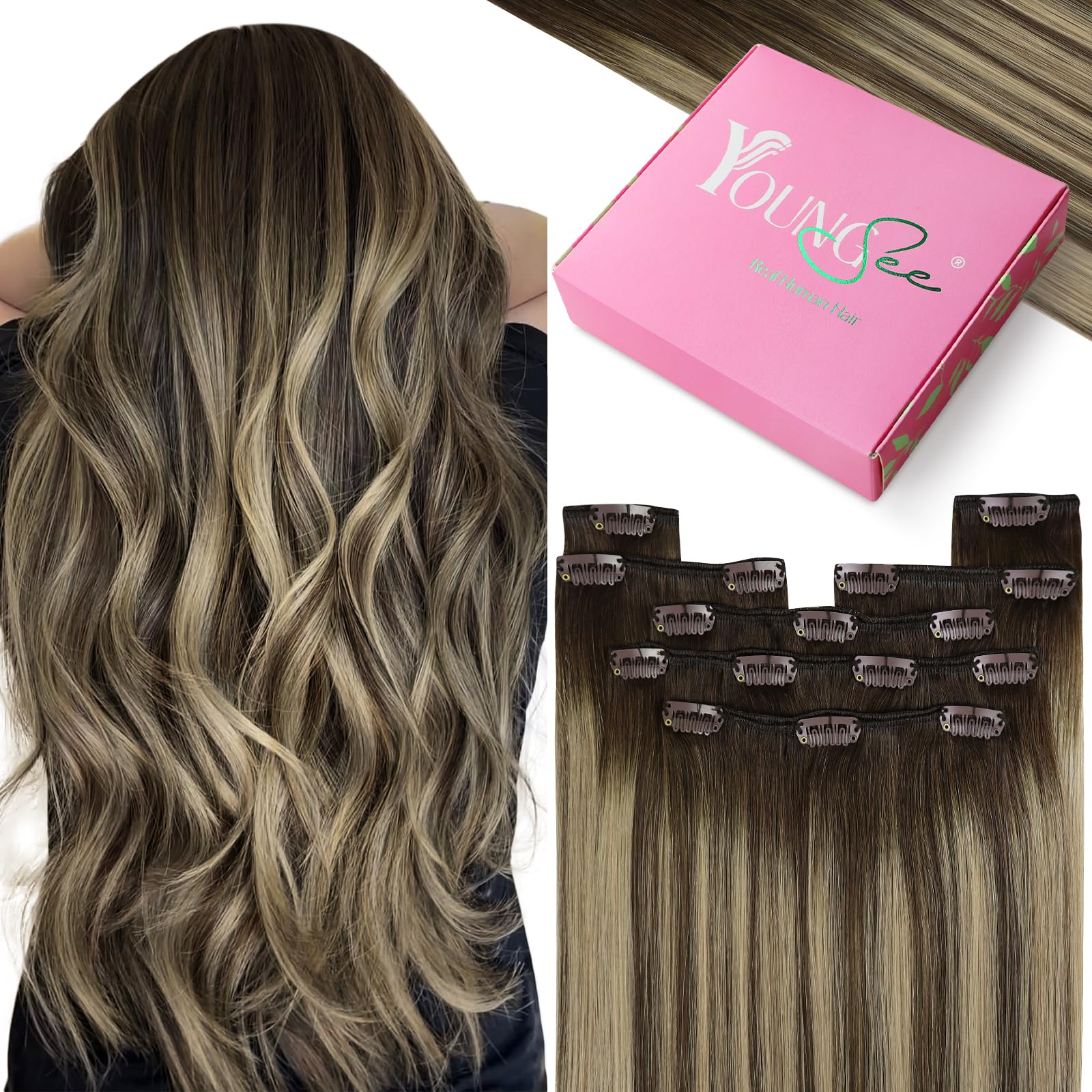 YoungSee Clip in Hair Extensions Real Human Hair Brown 14inch 120g Human Hair Extensions Clip in Chocolate Brown with Ash Blonde Balayage Invisible Clip in Extensions for Wedding 7pcs Full Head