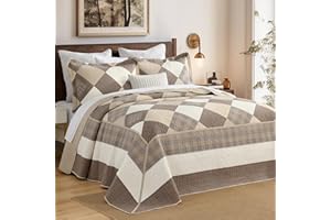 SahSahCasa 128"x120" 100% Cotton Oversized California King XL Bedspread Coverlet Quilt Set, Cal King Quilted Bedspread Extra Large Quilt, Bed Spread Lightweight Comforter, 3pc, Brown/Beige/Khaki