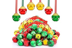 Sumind 72 Pieces Christmas Bell Necklaces Christmas Holiday Gold Green Red Xmas Jingle Necklaces Bell with Ribbons for Craft Gift Supplies Stocking Stuffers Accessories