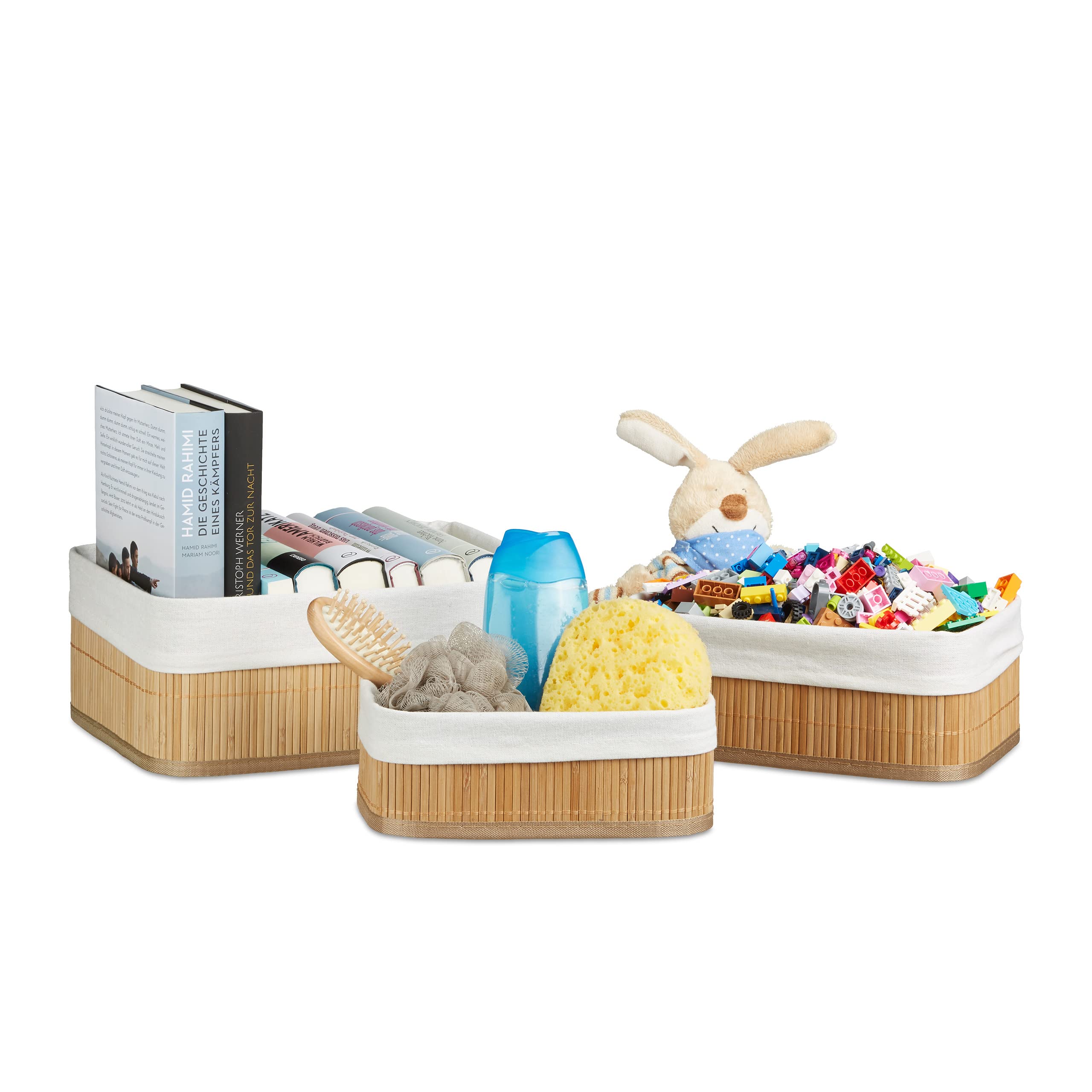 Relaxdays Bamboo Set of Shelf Baskets, 12.5 x 32 x 22 cm, Rectangular, 3 Storage Bins, for Closets and Shelves, Brown