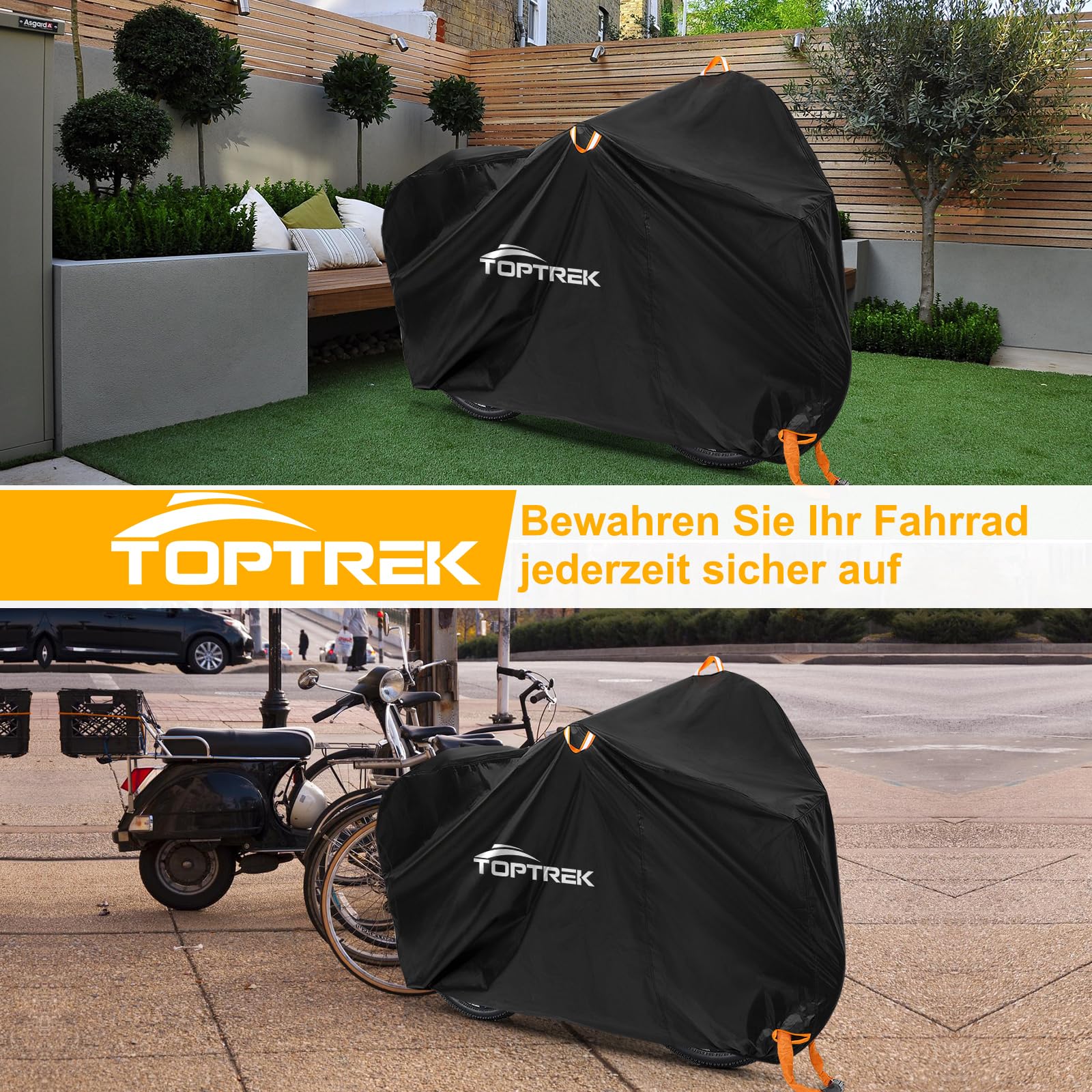 toptrek Fahrradabdeckung Wasserdicht 210D Oxford-Gewebe Fahrradgarage Outdoor 200 x 110 x 70 cm Hochwertige Fahrrad Abdeckplane mit Schlossösen Sonnenschutz Reißfestigkeit mit Beutel 7