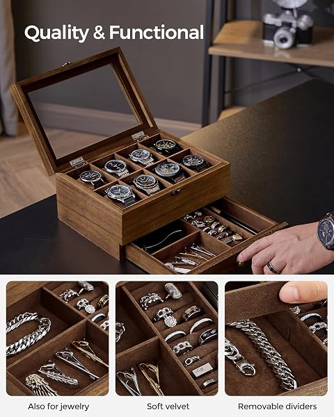 SONGMICS 8-SLOT WATCH BOX, 2-TIER WATCH DISPLAY CASE WITH LARGE GLASS LID, REMOVABLE PILLOWS, VELVET LINING, JEWELRY BOX, GIFT IDEA, RUSTIC WALNUT UJOW008K01