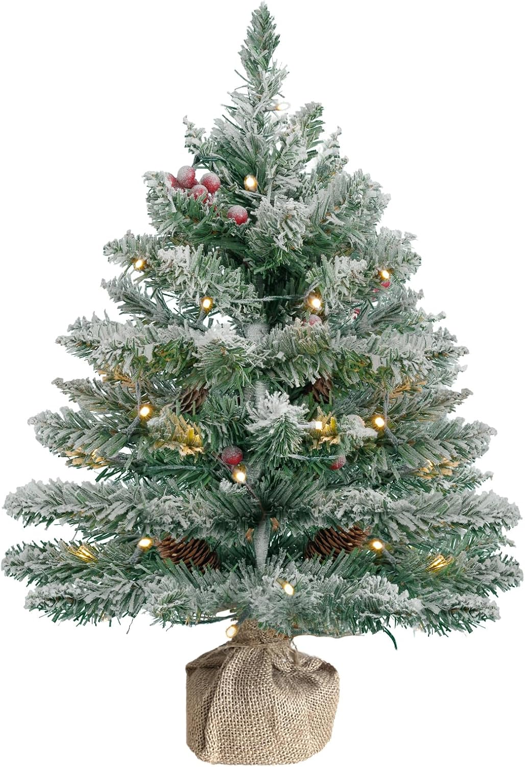 Trees - CHICHIC 20 Inch Prelit Artificial Mini Christmas Tree Snow Flocked Small Tabletop Christmas Tree Decorated with LED Lights, Pine Cones, Berry Clusters, Frosted Branches for Home Holiday Decorations