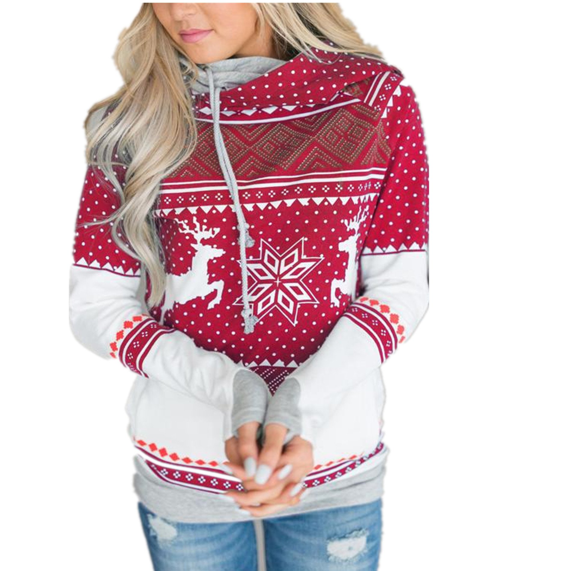 Taiduosheng Womens Holiday Season Xmas Sweatshirt Long Sleeve Patterns of Reindeer Snowman Christmas Hoodies with Pockets RED US M