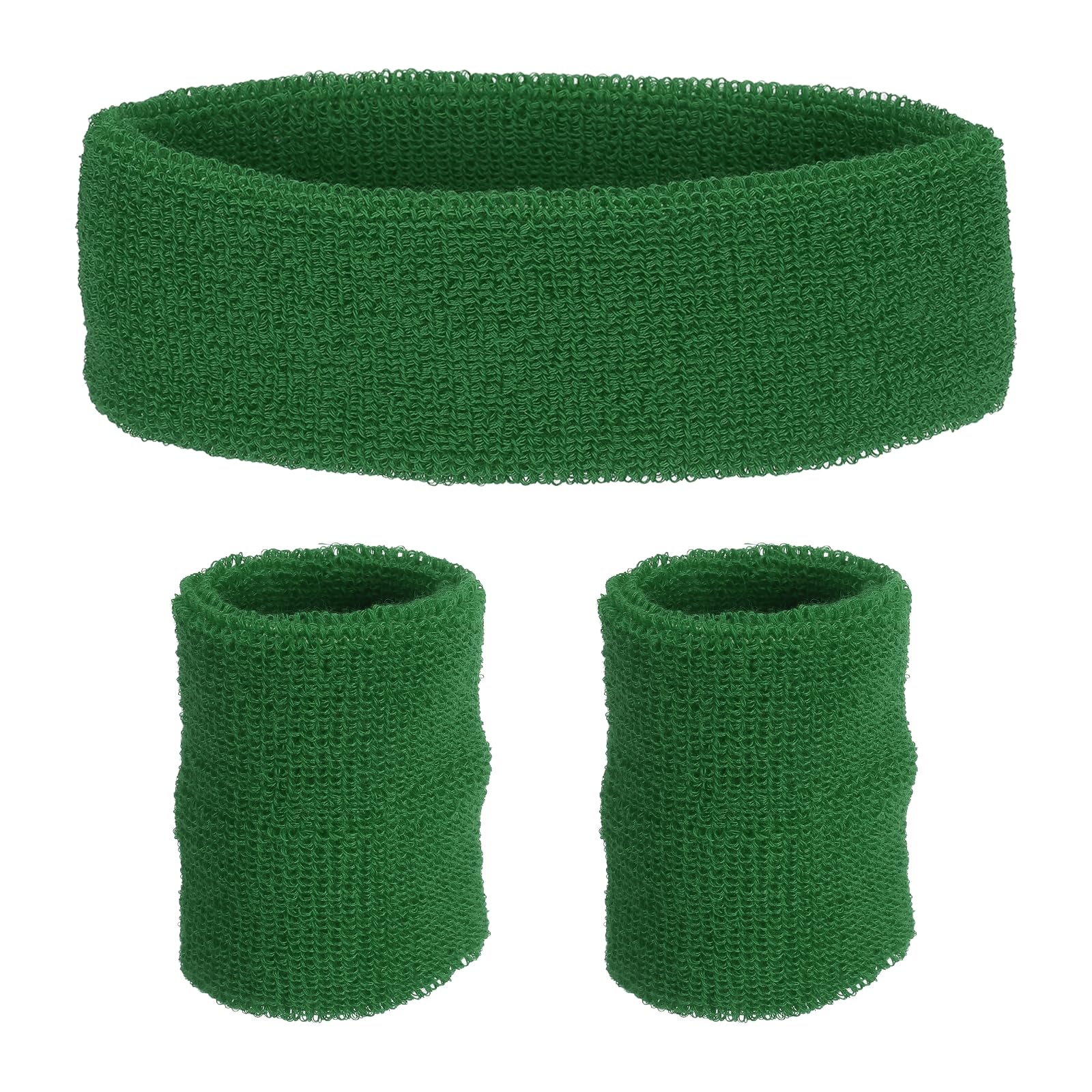 PATIKIL Sports Wristbands Headband Set, 8x8cm Cotton Terry Cloth Athletic Absorbent Sweatband 20x5cm Headband for Tennis Basketball Running, Dark Green (1 Headband & 2 Wristbands)