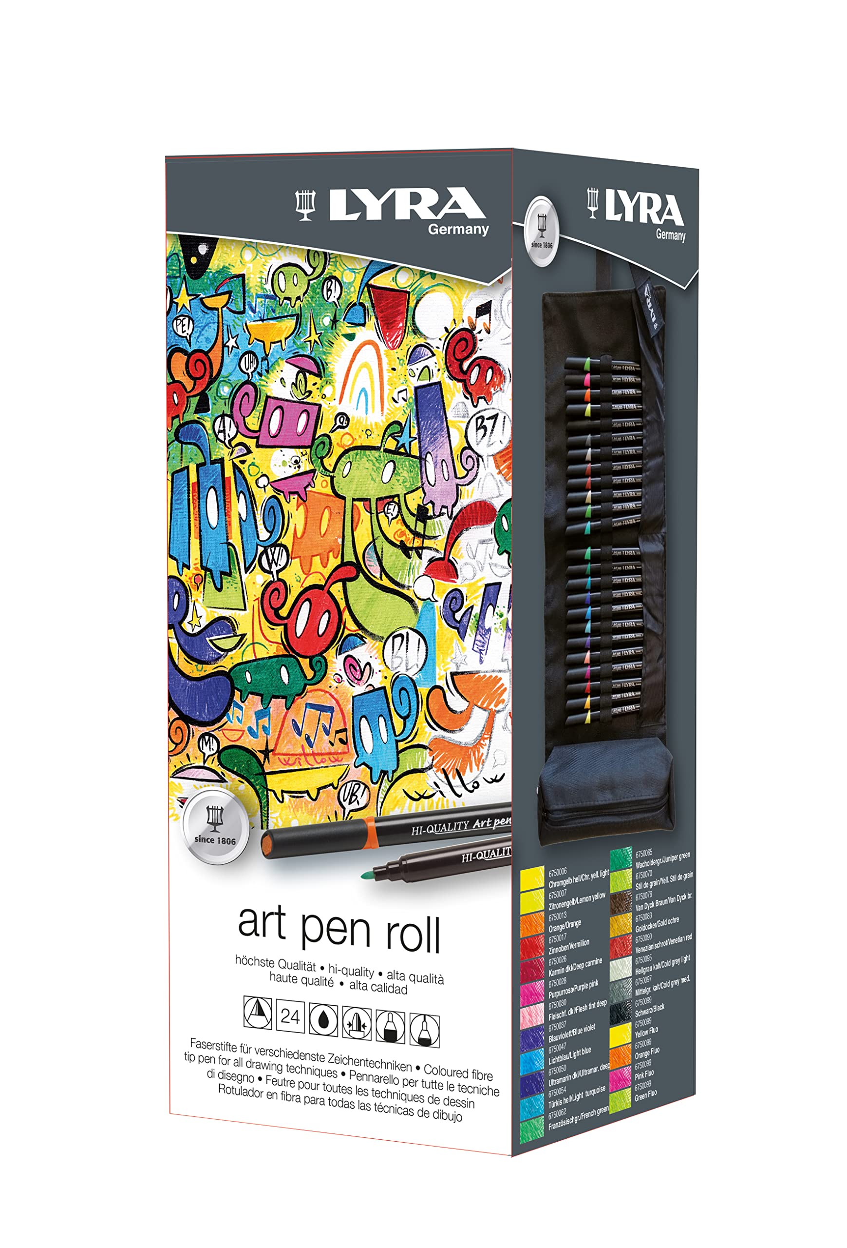 LYRA Art Pen, Fine Art Marker Set, 24 Assorted Colours, Fibre Tip Pen, Roll Case, For Professionals & Students