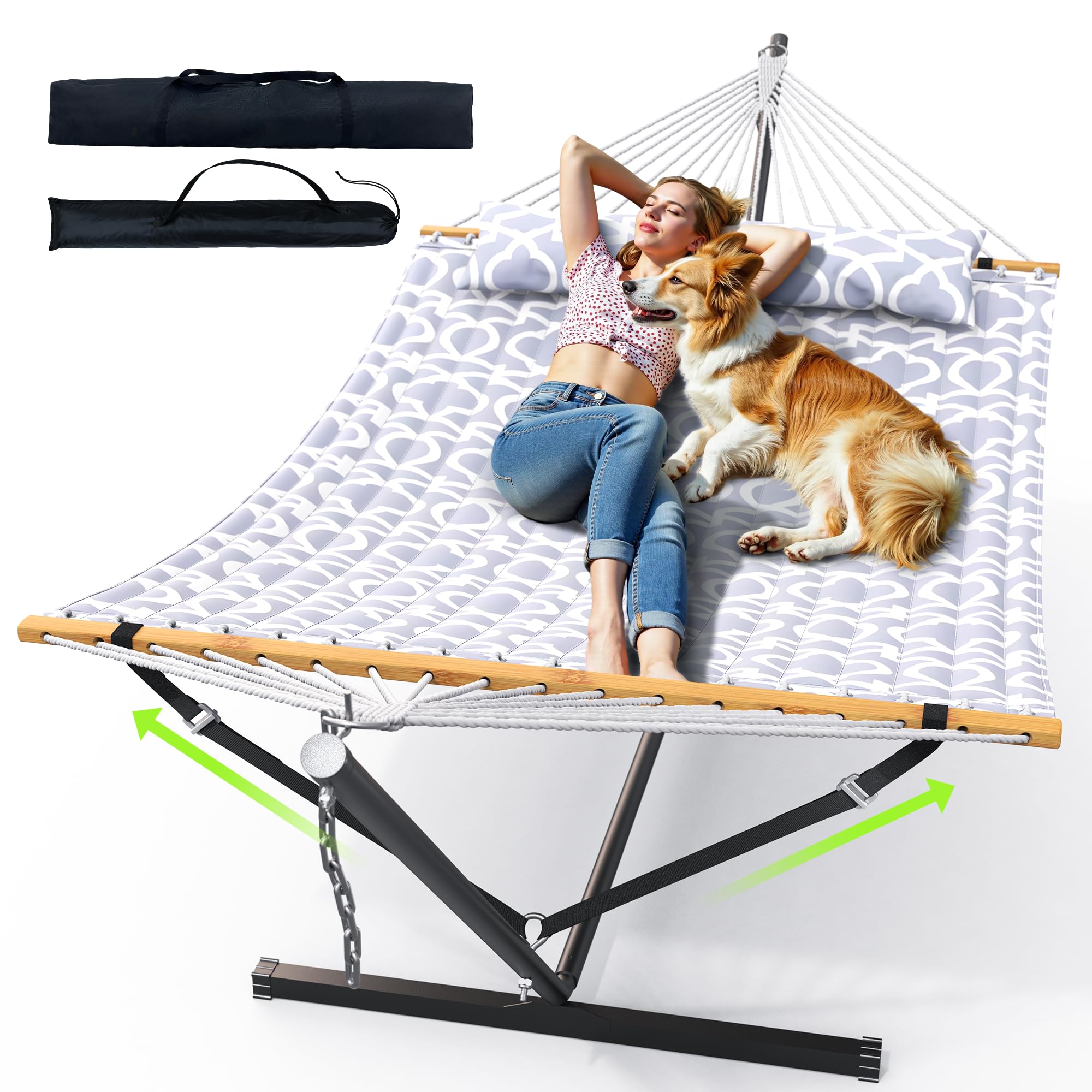 Photo 1 of ANAGOO Double Hammock with Stand for Outdoor, Heavy Duty Portable Hammock with Adjustable Steel Stand for Patio, Garden, Beach, Backyard - Includes Carrying Bag,White Grey