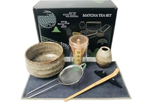 AIYICIII Japanese Matcha Tea Set (7pcs) - Matcha Whisk and Bowl, Whisk Stand (Chasen Holder), Scoop, Starter Making Kit for Matcha Tea Ceremony (Kiln Glaze-White)
