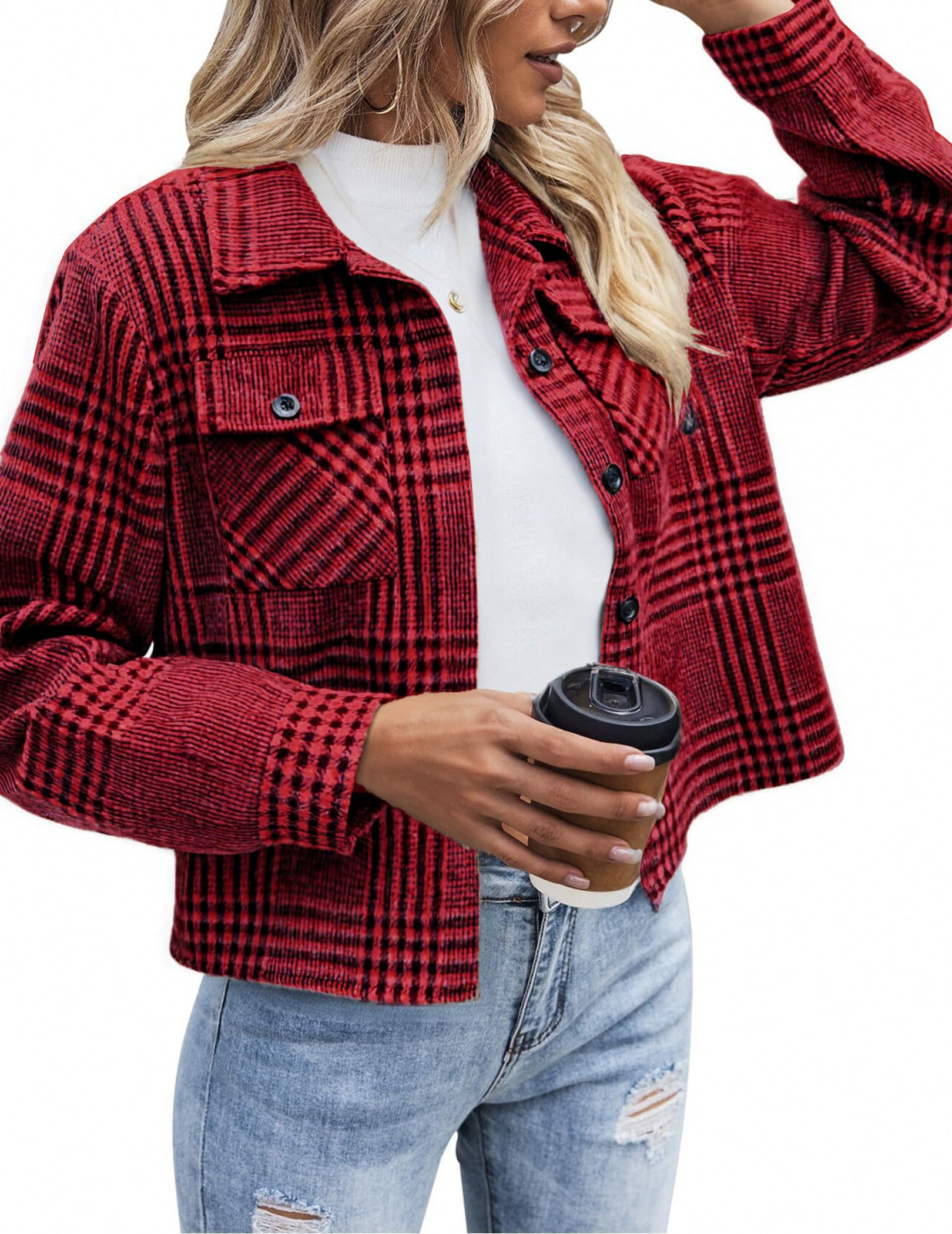 Zeagoo Flannels for Women Cropped Shacket Jacket Fashion Plaid Button Down Shirt 2025 Fall Coat Tops Image