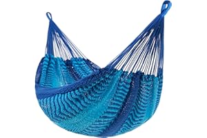 Lazy Daze Hammocks Handwoven Mayan Hammock, 10.5 FT Soft Rope Double Hammocks, Portable Outdoor Hammock with Carry Bag, 2 Straps & Carabiners for Patio Outside, 550 lbs Weight Capacity, Blue/Dark Blue