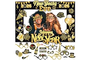 2026 Happy New Year Photo Booth Props, Paper Frame with 6 Pairs of Party Glasses 12 PCS Funny Props, Selfie Supplies and Cele