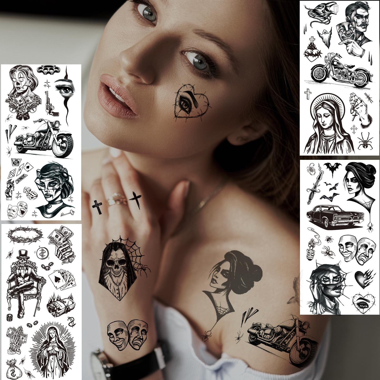 12 Sheets Large Chicano Temporary Tattoos, Cholo and Chola Temporary Tattoos, Chicana Guadalupe Gangster Fake Tattoos Day of the Dead, Día de Muertos, Tatuajes Temporales, Halloween Mexico Tattoos