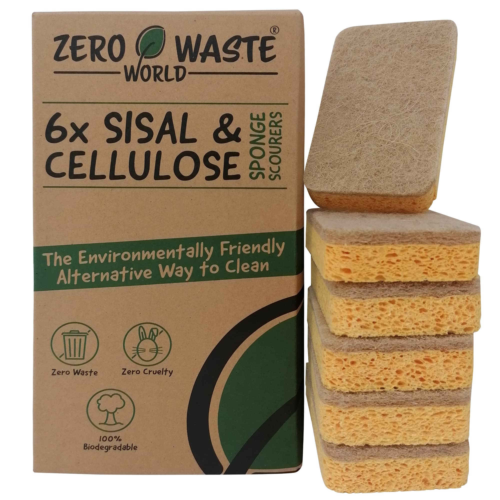 ZERO WASTE WORLD Natural sponge -eco friendly washing up sponges, natural cleaning products for home,non scratch 100% biodegradable (cellulose sisal)