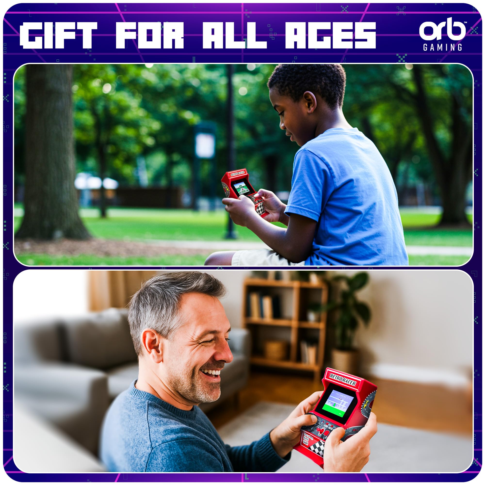 Orb - Mini Arcade Racing Machine: Handheld Console with 30 Pre-Loaded 8-Bit Games, 2.4