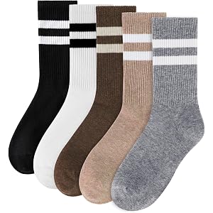 5 Pairs Womens Striped Crew Socks,Casual Cotton Above Ankle Socks for Women | Vintage Calf Socks for Sneakers Loafer,Womens C