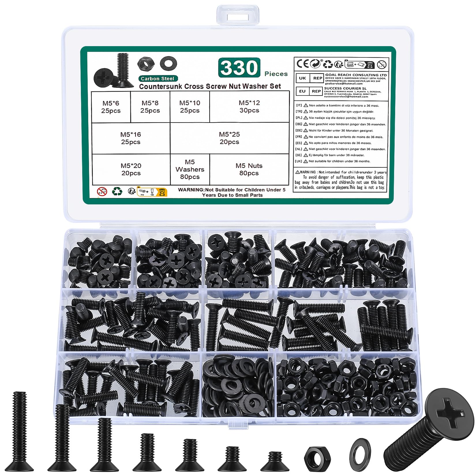 Photo 1 of 330 Pcs M5 Screws and Nuts Set, M5 Countersunk Bolts and Nuts Assortment, Black Phillips Flat Head Machine Screws with Washers Set
