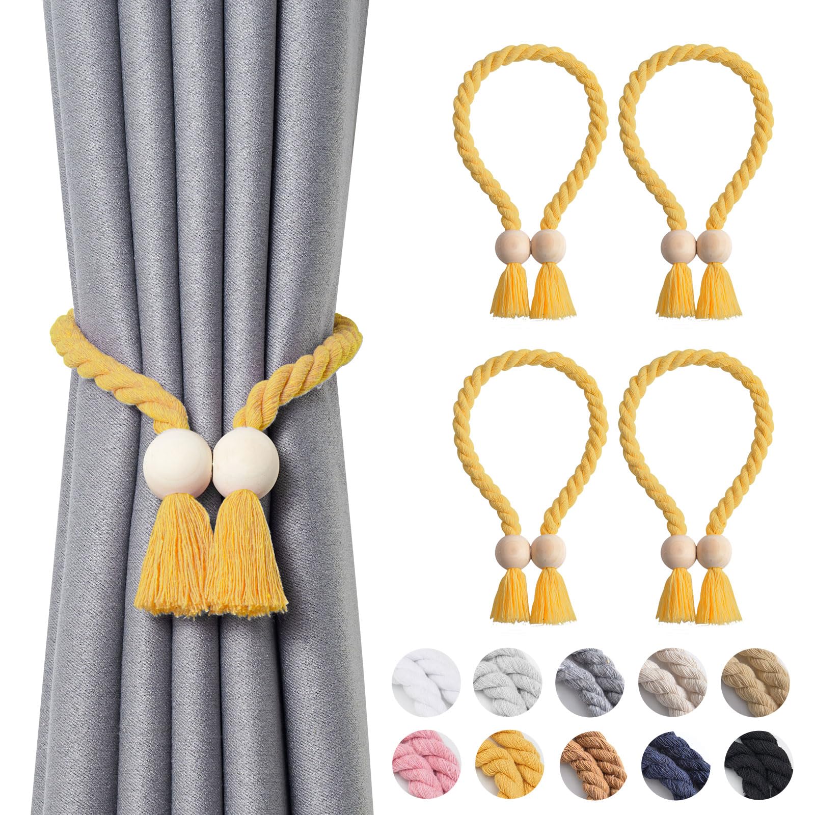 Pretty Jolly 4 Pack Wooden Ball Magnetic Curtain Tiebacks Boho Home Decor Drape Tie Backs Natural Cotton Hand Woven Rope Curtain Holdbacks for Thin & Thick Home & Office Window Draperies (Yellow) — image 1