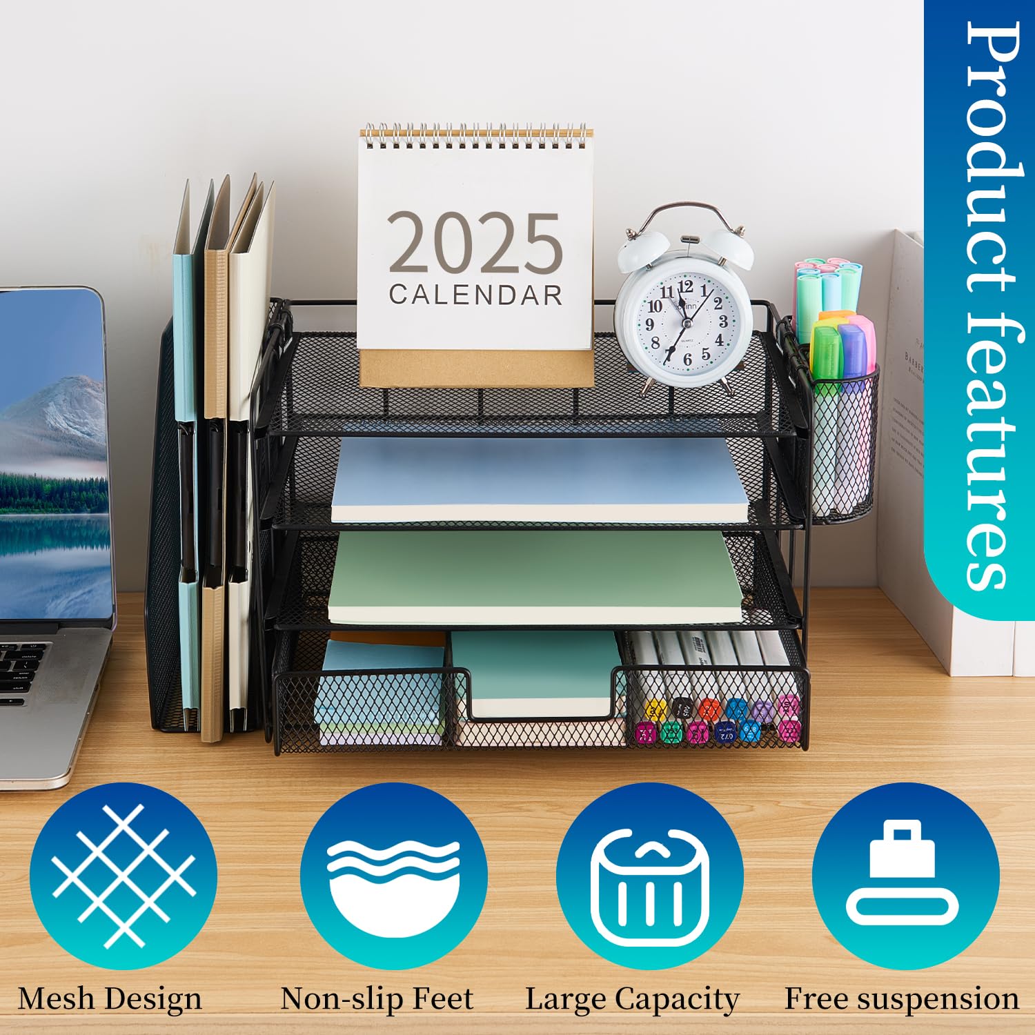 gianotter Desk Organizers and Accessories with File Holder, 4-Tier Desk Accessories & Workspace Organizers with Drawer and 2 Pen Holder, Paper Organizer for Office Supplies (Black)