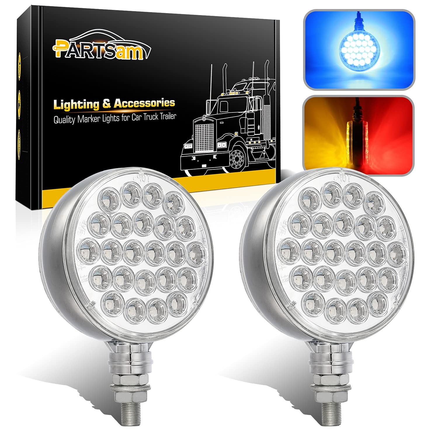 Photo 1 of Partsam 2Pcs Round Double Face Led Turn Signal Marker Lights and Blue Auxiliary Lights LED Pedestal Lights Post Mount 48 LED for Truck Trailer Mirror Arm Clamp Clearance, 10-30V