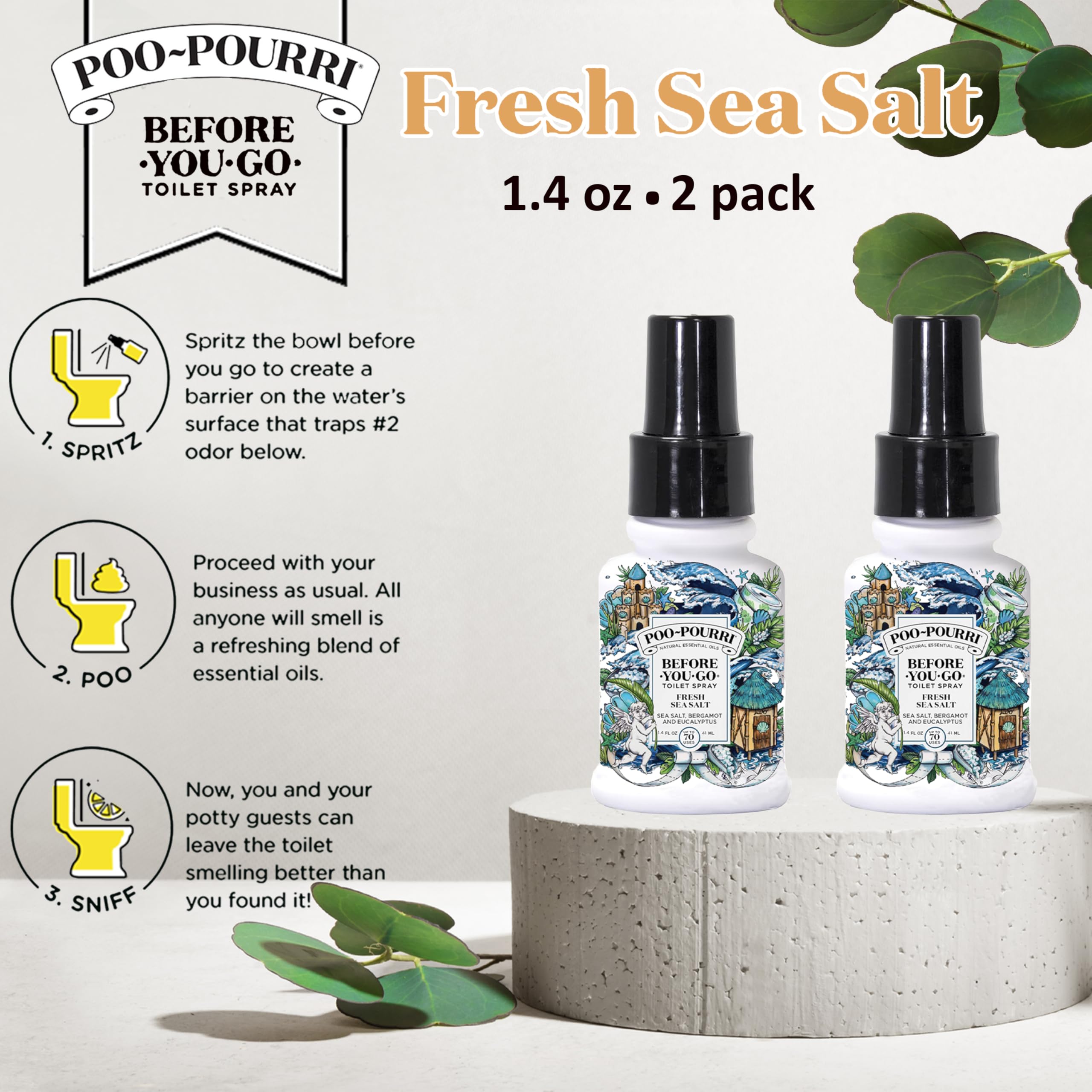 Poo-Pourri Toilet Spray, Fresh Sea Salt, 1.4 Fl Oz - Sea Salt, Bergamot and Eucalyptus 2 Pack