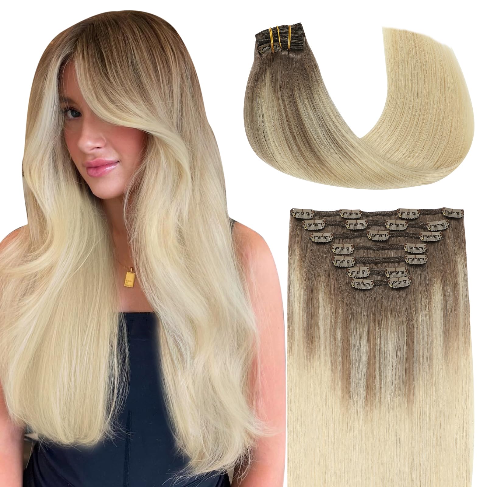 SURNEL Clip in Hair Extensions Ombre Blonde Clip in Human Hair Extensions #8 Light Brown Fading to #60 Platinum Blonde Balayage Double Weft 14 Inch 140G 7Pcs(7C#8/60-14) — image 1