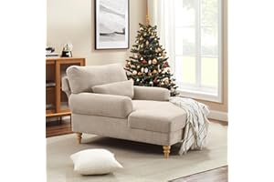 Condemo Modern Chaise Lounge Chair with Adjustable Backrest, Upholstered Indoor Leisure Sofa Recliner, Oversized Accent Chair Deep Seat Reading Armchair for Living Room, Bedroom, Office, Light Khaki