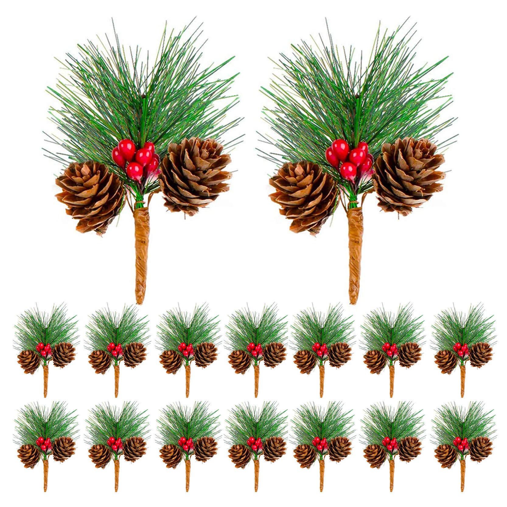 Christmas Artificial Pine Picks, KY-Tech 24pcs Christmas Pine Picks Pine Cones Red Berries Christmas Wreath Making Supplies for Christmas Decor, Crafts, Wreath, Garland or Tree