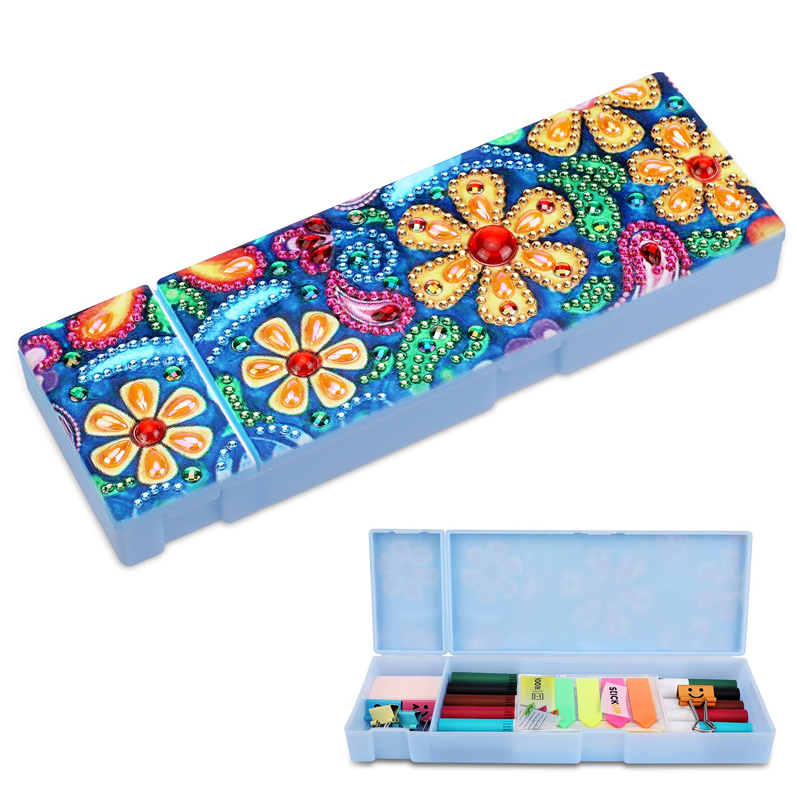 VETPW 5D DIY Diamond Art Painting Pencil Case, Mandala Special Shaped Rhinestone DIY Diamond Embroidery Painting Plastic Storage Box with 2 Grids for Students Office School Supply