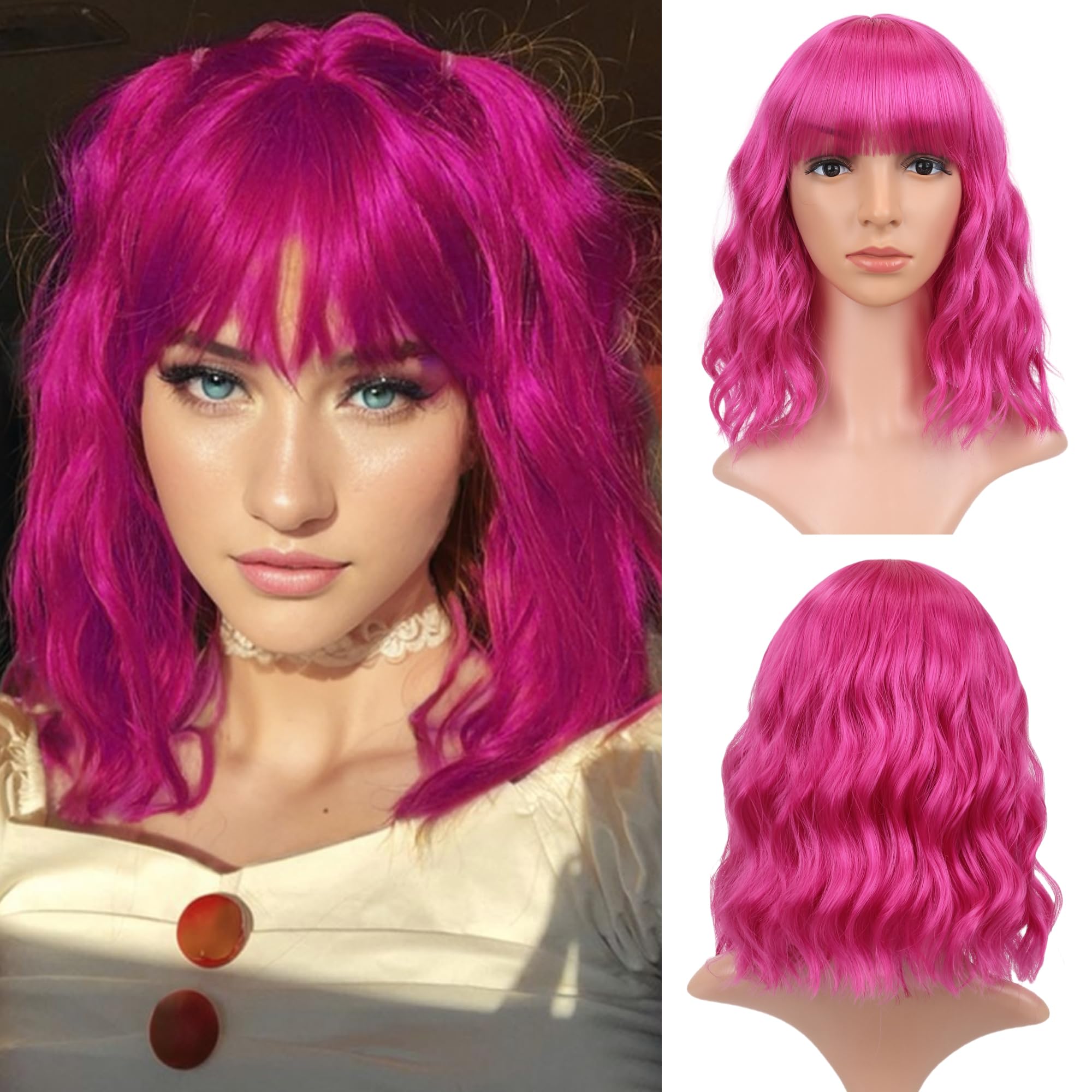 Barbie Pink Bob Wig With Air Bangs - Wavy, Curly Synthetic Pastel Bob Wig for Women (12")