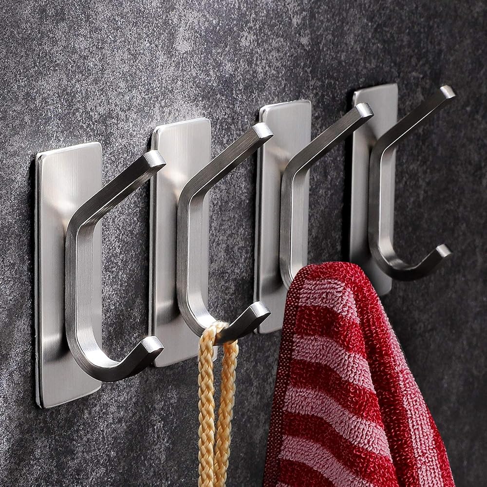YIGII Adhesive Hooks 4 Pack Stainless Steel Coat Towel Hooks for Bathroom