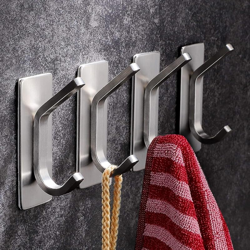 YIGII Adhesive Hooks 4 Pack Stainless Steel Coat Towel Hooks for Bathroom