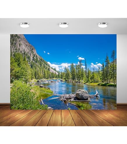 thumbnail image 2 of 10x6.5ft Mountain Backdrop Nature Mountain Landscape Pine Trees Forest Blue River Sky Photography Background Camping Picnic Themed Party Decorations Wallpaper Portraits Photo Studio Props 2 of 14