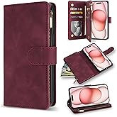 ZZXX for iPhone 15 Case Wallet with [RFID Blocking] Card Slot Premium Soft PU Leather Zipper Folio Flip with Wrist Strap Kickstand Protective Phone Cover for iPhone 15 Wallet Case(Wine Red-6.1 inch)
