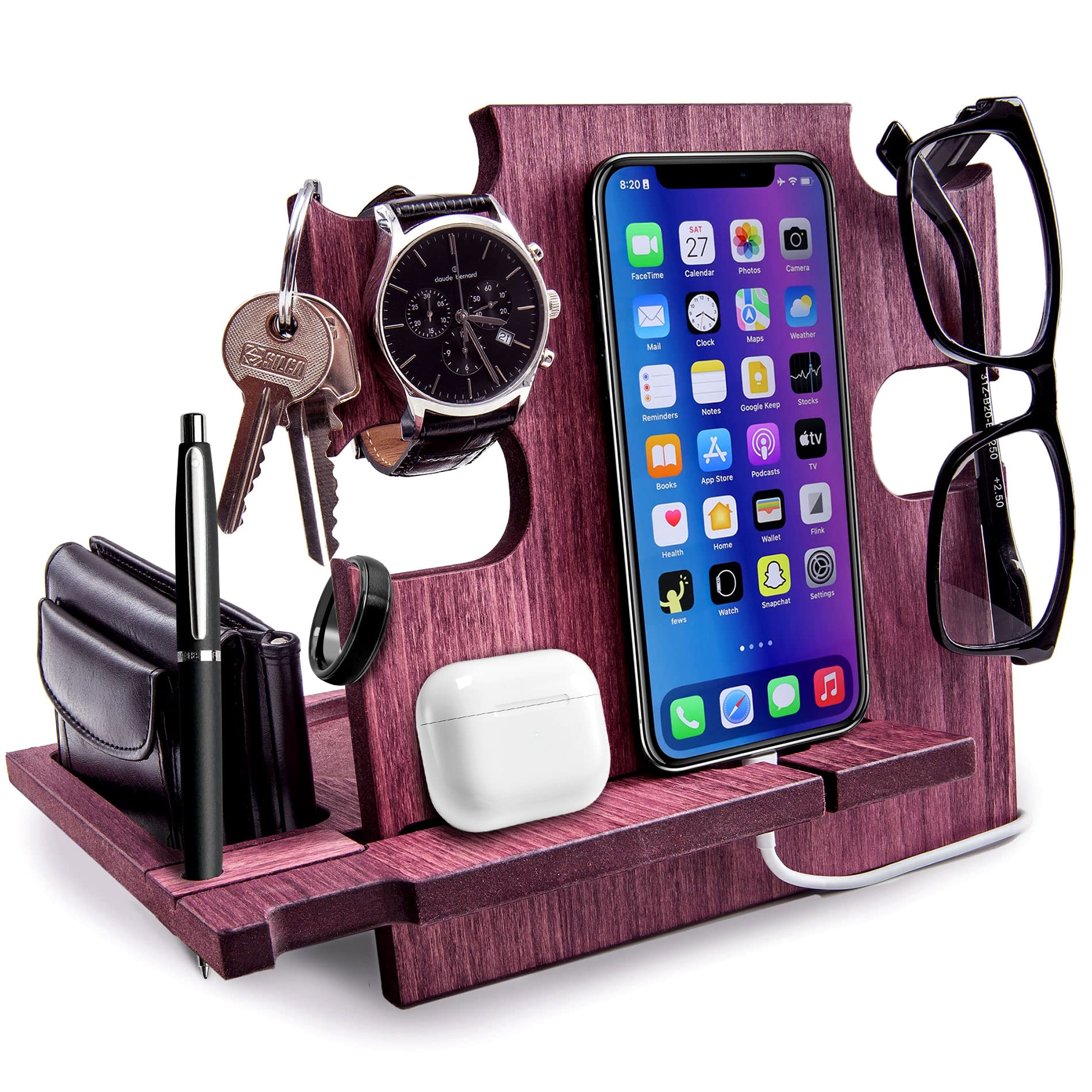 Greta Oto Wooden Desk Organizer, Docking Station for Men - Nightstand Holder, Smatrphone Stand, Rosewood Color