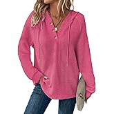 Dimur Hoodies for Women Waffle Knit V Neck Oversized Sweatshirt Button Down Drawstring Hooded Pullover Tops for Fall 2025