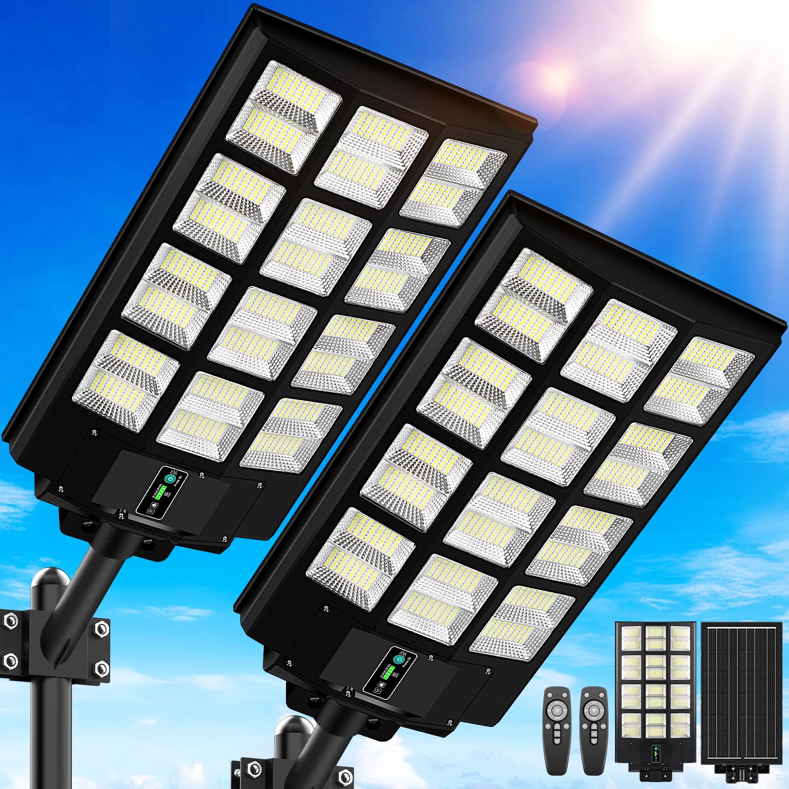 Photo 1 of 9000W Solar Street Lights Outdoor, 27" 240000LM Solar Lights Waterproof with Motion Sensor, 6500K Dusk to Dawn Commercial Lighting for Parking Lot, Security LED Flood Lights for Driveway Yard, 2-Pack