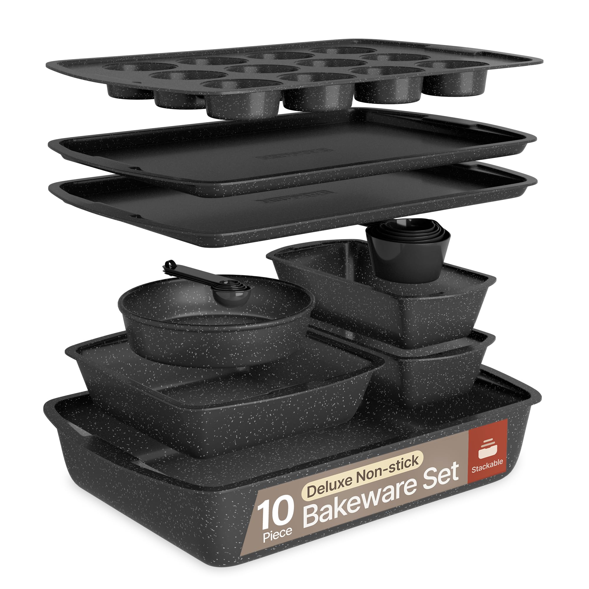Gray Marble 10-Piece Bakeware Sets, Nonstick Carbon Steel Baking Sheet & Pans, Stackable Space-Saving Bakeware, Dishwasher Safe, Stain-resistant, PFOAPFOSPTFE Free, Oven Safe Up To 450°F (230°C) Image