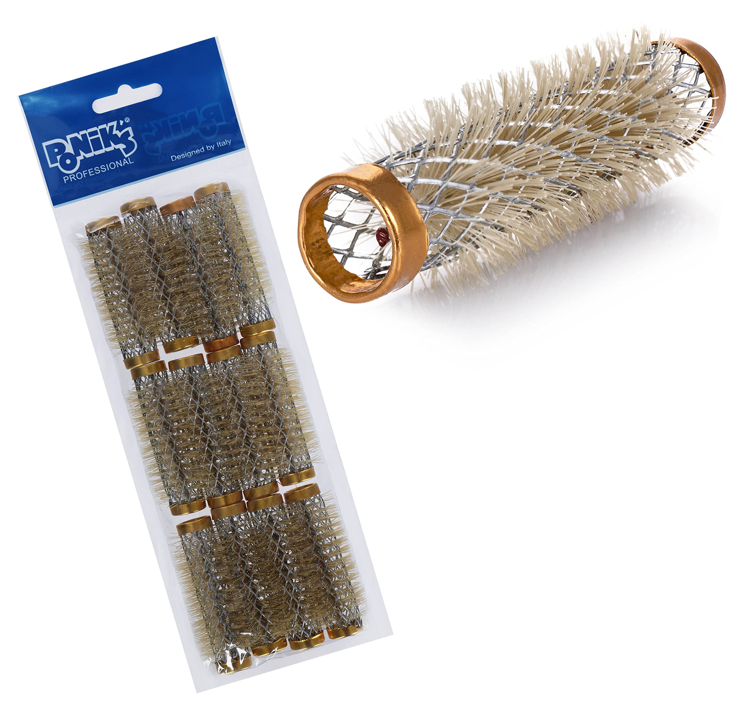 PONIK'S PROFESSIONAL - Metal Rollers, Wire Rollers with Bristles, Metal Hair Rollers, 12 Pieces, Hair Rollers 13 mm, Hair Roller Set, Hair Rollers Curls, Curler Set - Golden
