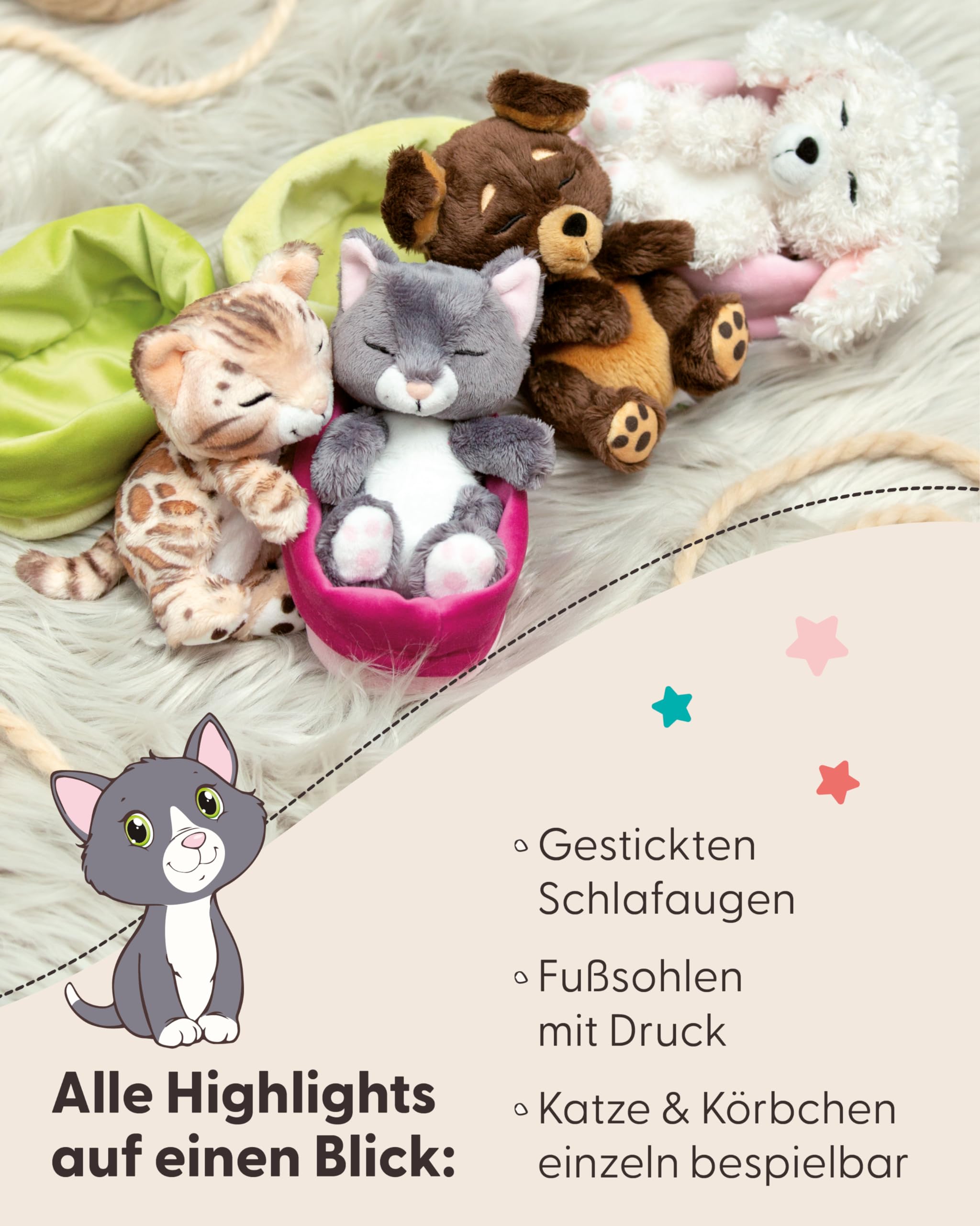 Kuscheltier Katze grau 12cm schlafend im Körbchen 4