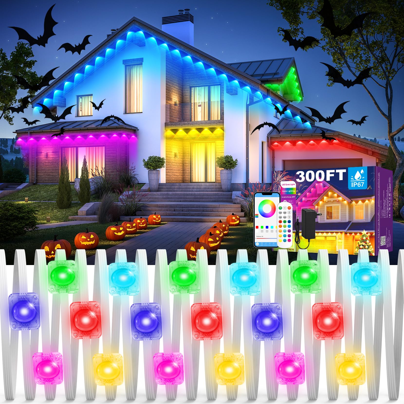 Photo 1 of MUCCCUTE Permanent Outdoor Lights for Halloween, 300ft RGB Eaves Lights with App & Remote Control, Outdoor String LED IP67 Waterproof for Christmas, New Year, Holidays Roof Eaves House Garden Decor