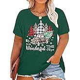 Plus-Size Christmas Shirts Women Merry Christmas Leopard Plaid Tree Print Shirt Holiday Tops Xmas Tee