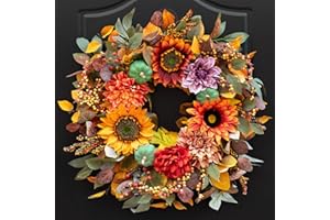 PURECOSY Fall Wreaths for Front Door Outside 24 Inch Large Autumn Wreath with Pumpkins, Sunflowers, Fall Leaves and Berries – Fall Door Wreath for Thanksgiving, Indoor Outdoor Decor