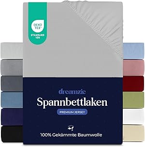 Dreamzie Premium Spannbettlaken 90x200 cm, Spannbetttuch für Dicke Matratzen bis zu 22 cm, Bettlaken 100% Jersey Baumwolle, 150 g/m², Oeko-TEX Zertifiziert - Grau