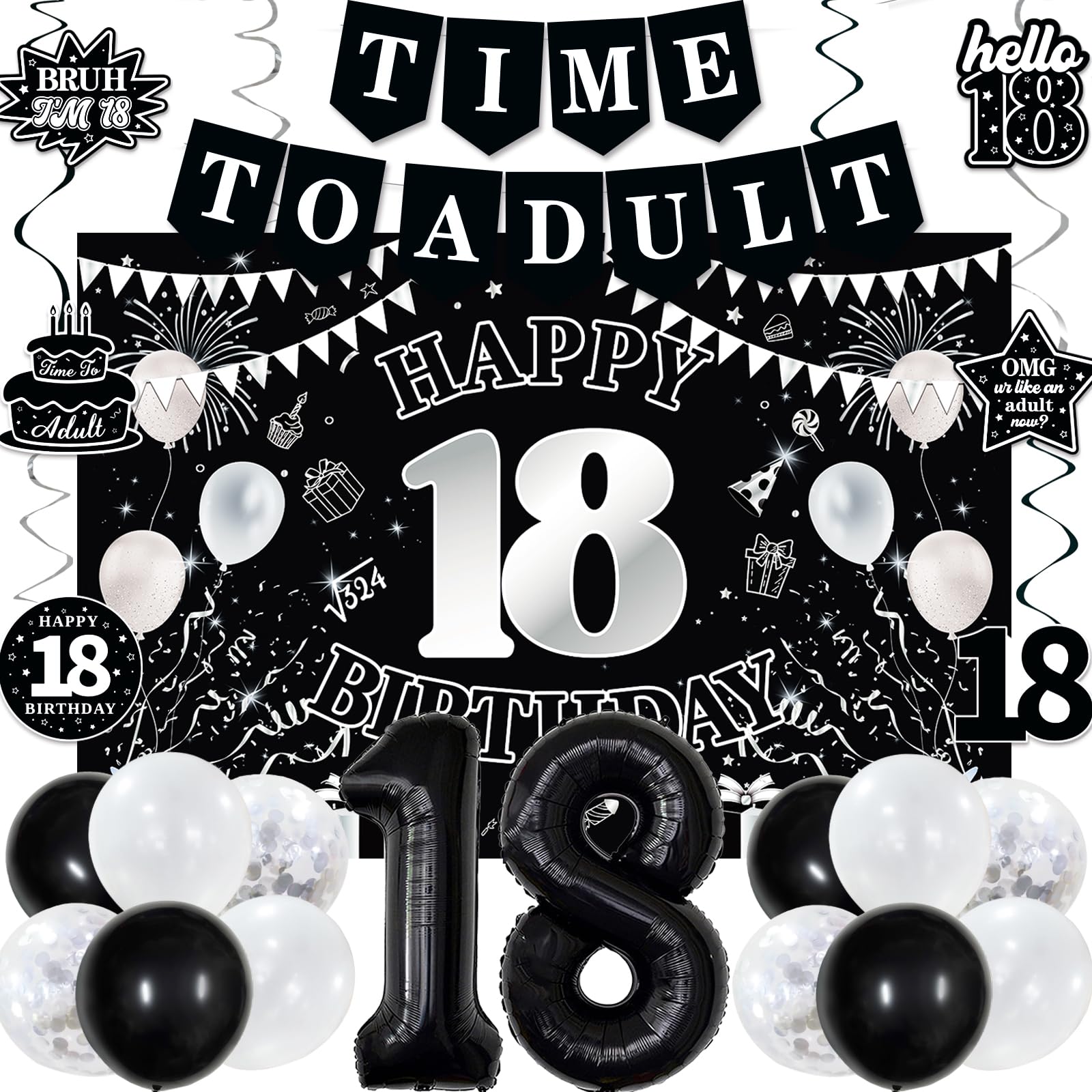 18th Birthday Decorations for Boys Girls, Black White Happy 18th Birthday Party Decorations, Time To Adult Birthday Banner, Foil Balloons 18, Backdrop, Balloons, Hanging Swirl, Birthday Card Set 43pcs