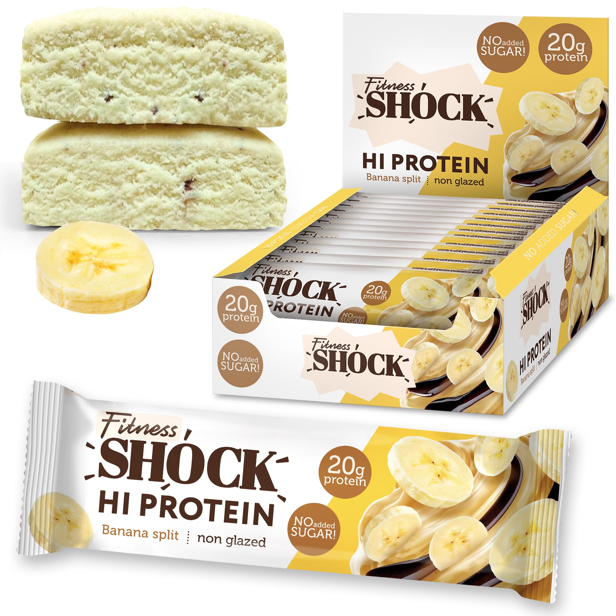 FitnesSHOCK High Protein Bars - High 20G Protein Content Protein Bar With No Added Sugar, Low Calorie Low Carb High Fibre, Banana Split Flavour 12Pcs 60G